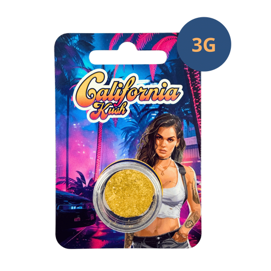 Résine CBD dorée en pot de 3 g, emballage California Kush