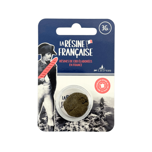 Boîte La Résine Française 3G : pot de résine CBD sombre, emballage bleu et blanc.