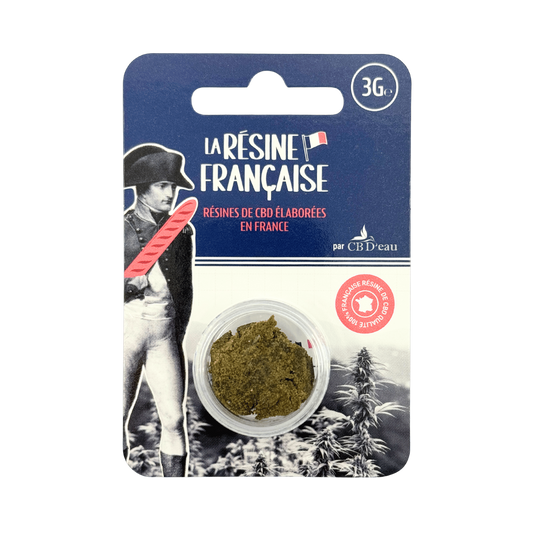Résine de CBD solide en emballage blister bleu 3 g, pot de résine verte