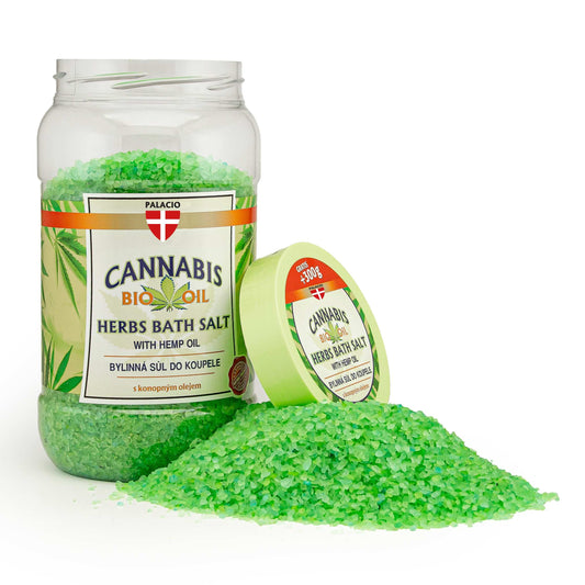 Pot de sel de bain au chanvre Palacio avec couvercle vert et pastille ronde.