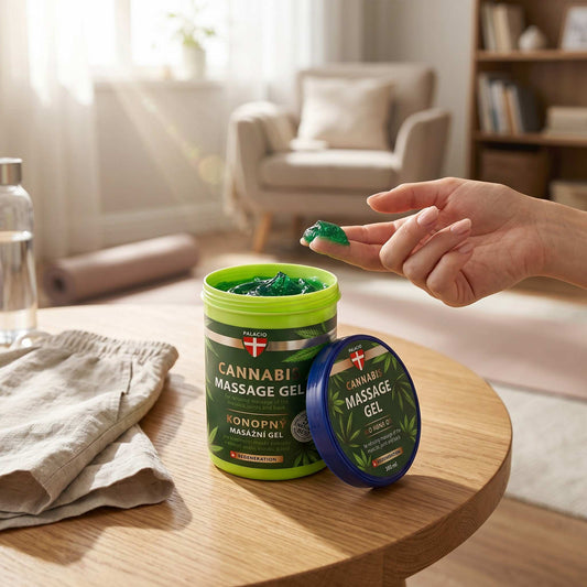 Pot de gel de massage au chanvre vert avec couvercle bleu, sur table