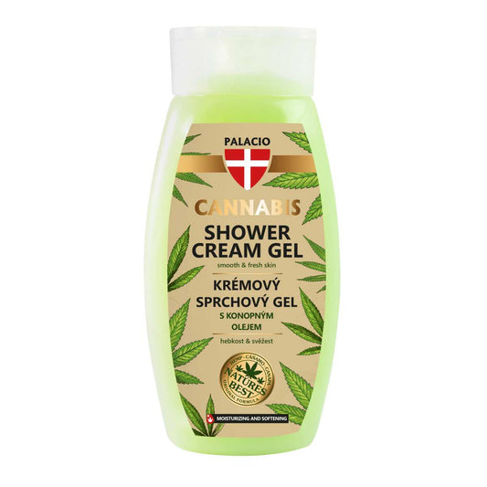 Gel douche Palacio Cannabis Shower Cream Gel en flacon vert clair, vue de face.