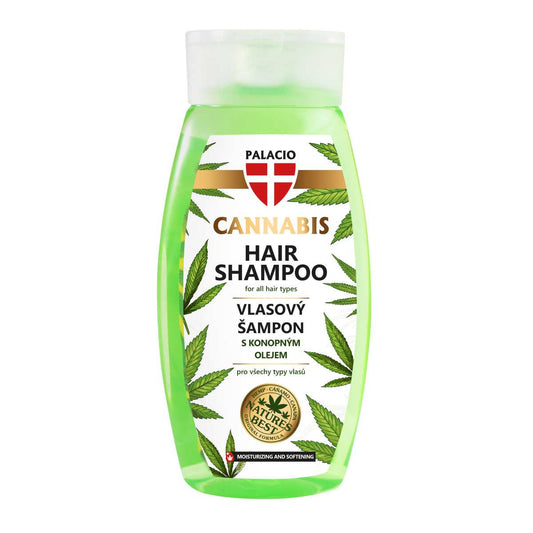 Flacon de shampooing Palacio au chanvre, vert, étiquette cannabis