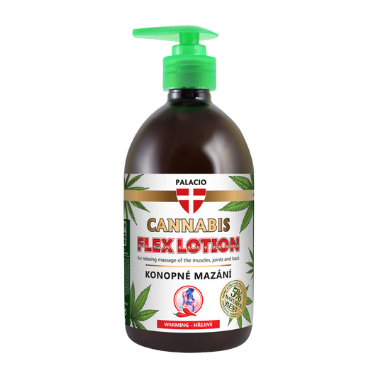 Lotion chauffante Palacio Cannabis Flex au chanvre, flacon brun avec pompe verte