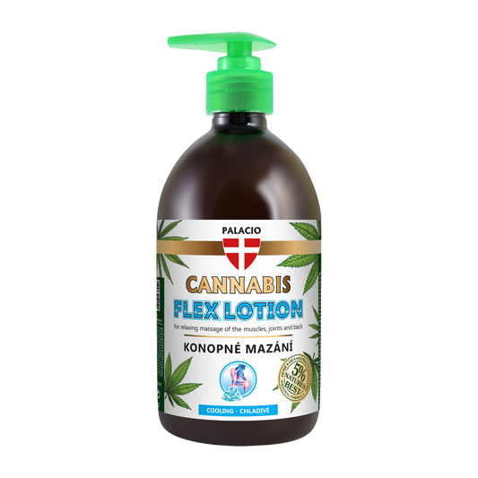 Flacon ambré du gel Palacio au chanvre avec pompe verte et étiquette CANNABIS FLEX.