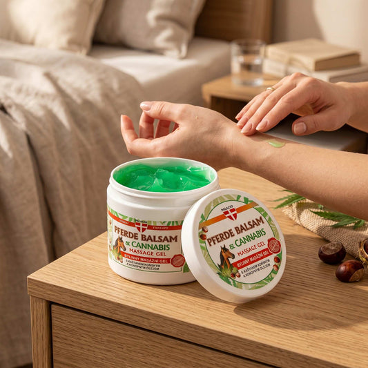 Pot de gel de massage Palacio, gel vert sur la peau, couvercle et étiquette