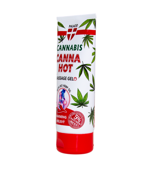 Tube de gel chauffant pour massage, vue de côté, base rouge.