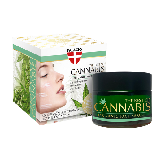 Pot de sérum visage Bio Palacio Cannabis en verre vert, avec boîte