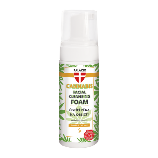 Mousse nettoyante visage au chanvre & CBD, flacon blanc imprimé cannabis, pompe