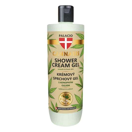 Gel douche crème chanvre Palacio, flacon blanc 500 ml, étiquette Cannabis