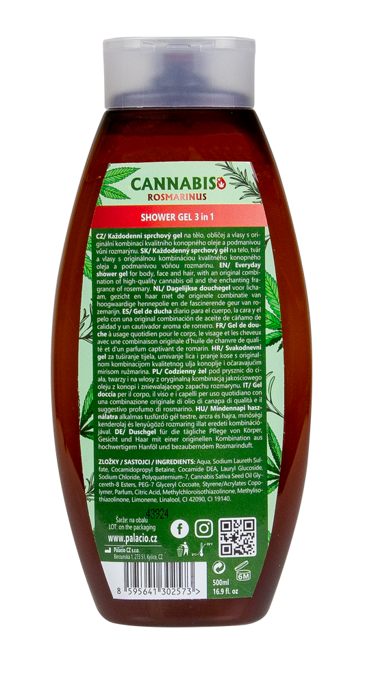 Gel douche 3-en-1 Palacio Cannabis & Romarin, flacon brun avec informations au dos.