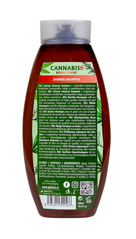 Shampoing Palacio Cannabis Rosmarinus, flacon 500 ml vu au dos