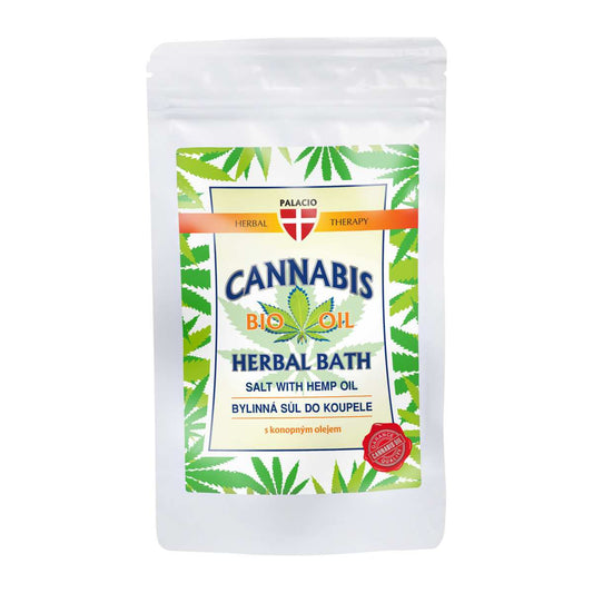 Sel de bain au chanvre Palacio en sachet blanc, étiquette Cannabis Bio Oil Herbal Bath.