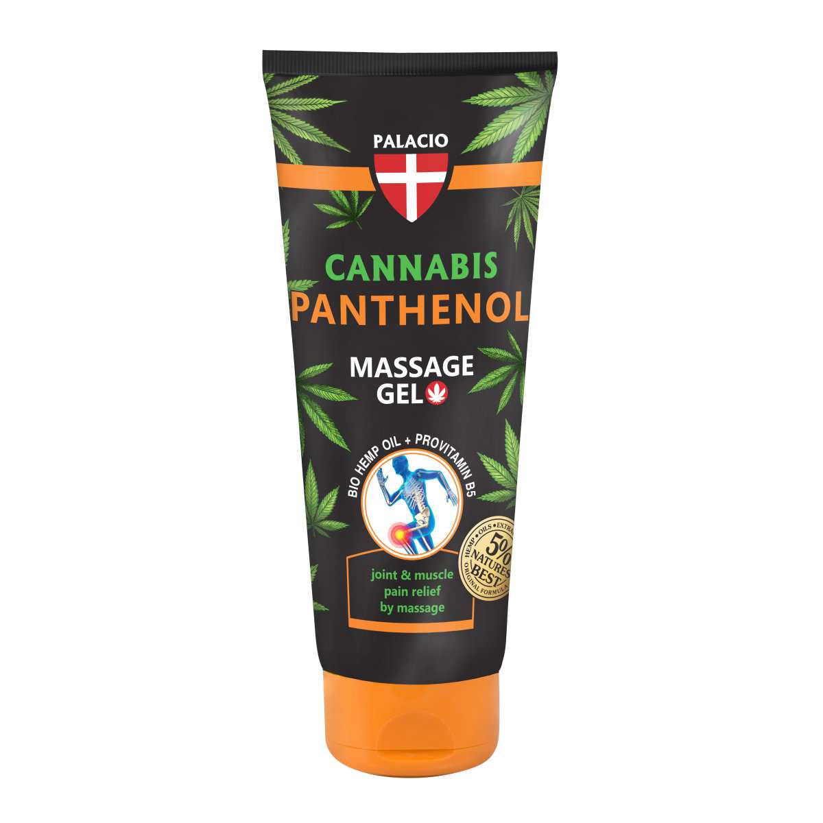 Gel de massage au chanvre et panthénol Palacio, tube 200 ml, vue de face.