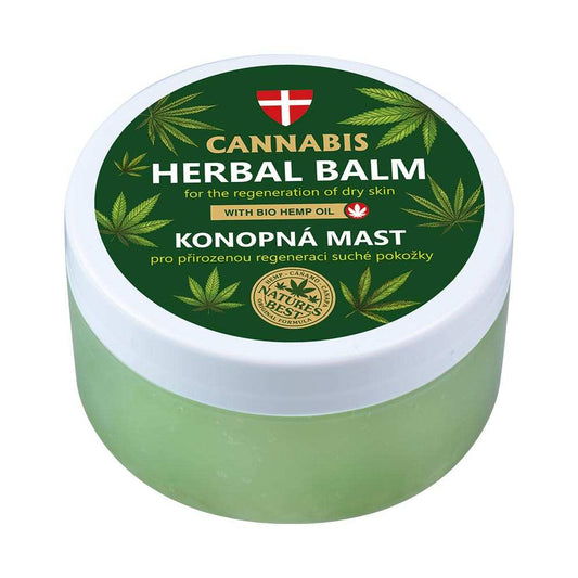 Pot de baume au chanvre, étiquette verte « Cannabis Herbal Balm »