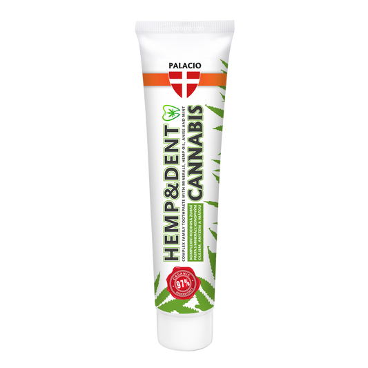 Tube de dentifrice Palacio HEMP&DENT au chanvre, étiquette verte et bande orange, 75 g