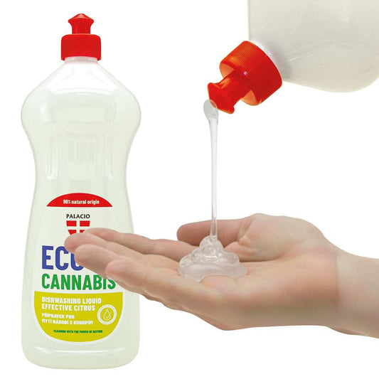 Flacon de liquide vaisselle Eco Cannabis Palacio avec bec rouge, main presse