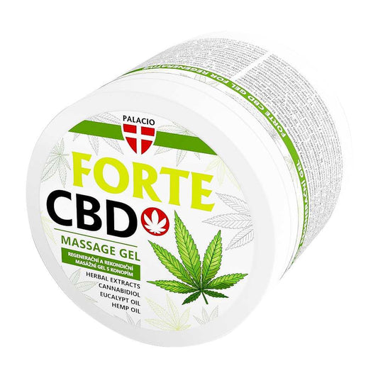 Pot de gel CBD Forte blanc, étiquette circulaire avec feuilles de chanvre