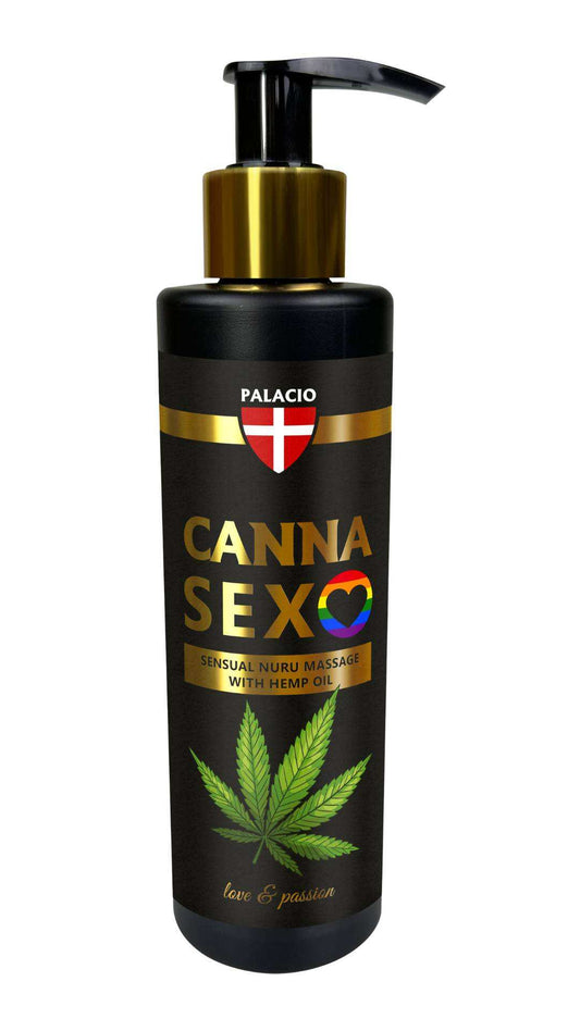 Flacon d’huile de massage au chanvre Cannasex Palacio noir, étiquette Cannasex.