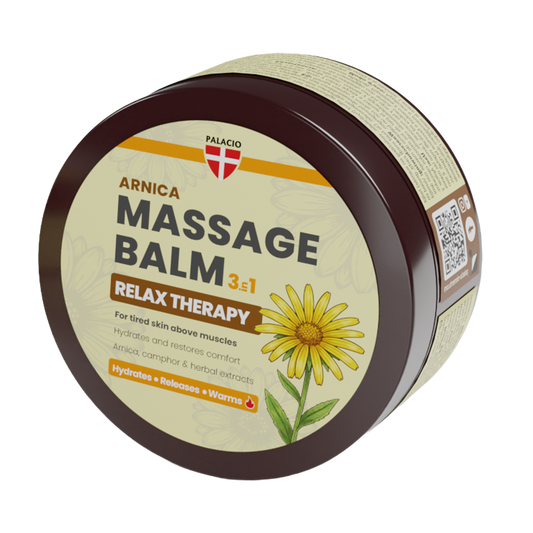 Baume de massage 3en1 Relax Therapy Arnica, pot brun, vue de côté avec étiquette