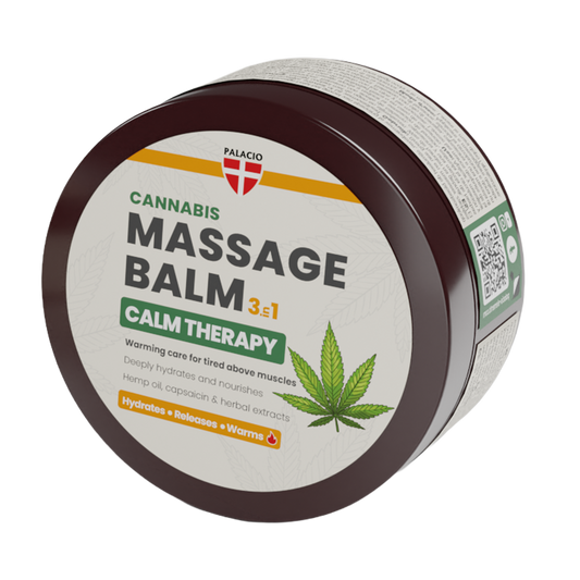 Pot de baume de massage Cannabis 3:1 Palacio, vue latérale avec étiquette.