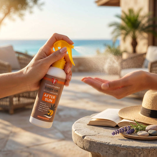 Flacon pulvérisateur d’huile corps CannaProtect tenu en main, bec jaune After Sun
