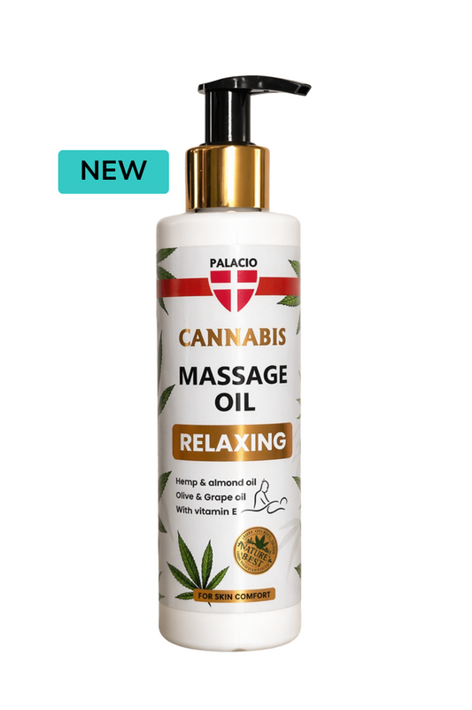 Flacon d'huile de massage Palacio au chanvre, étiquette cannabis «Relaxing», pompe noire.