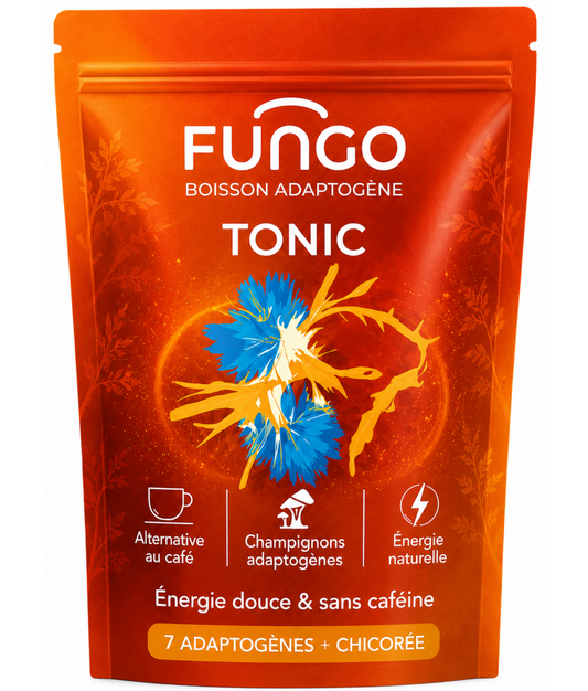 Pochon FUNGO Tonic orange avec logo, illustration champignons et mentions sans caféine.