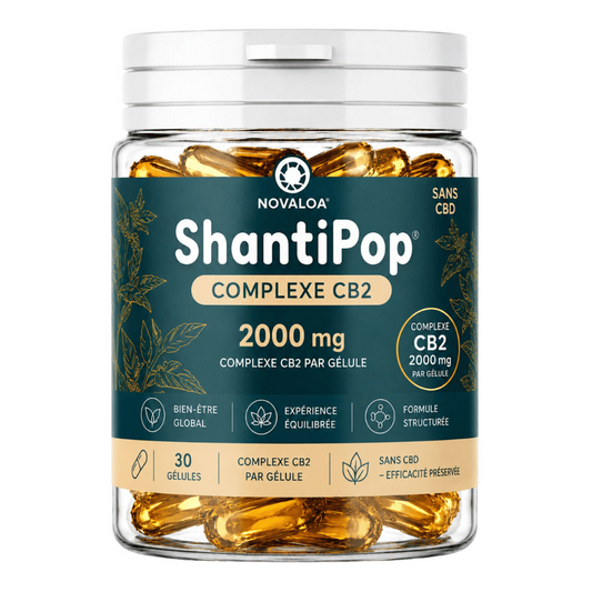 Bocal Novaloa ShantiPop Complexe CB2 2000 mg, gélules ambrées, étiquette verte