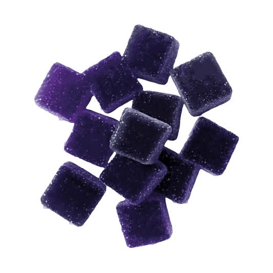Gommes carrées violettes en dés, aspect sucre cristallisé