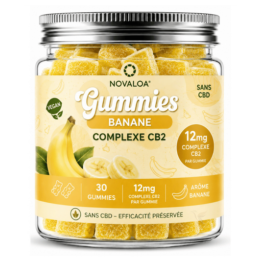 Bocal de gummies Novaloa Banane, étiquette CB2 complexe 12mg, 30 gummies.