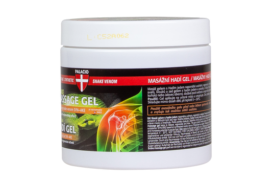 Pot de gel de massage au venin de serpent SYN-AKE PALACIO, étiquette arrière, 600 ml.