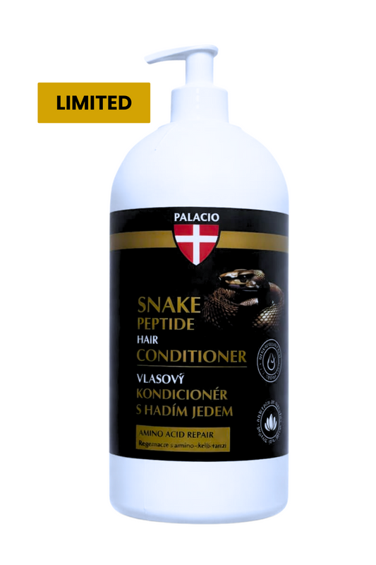 Après-shampoing PALACIO Snake Peptide en flacon blanc à pompe, badge LIMITED