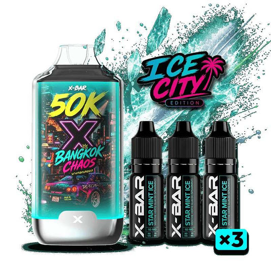 Kit vapotage X-BAR 50K Ice City : 3 e-liquides 10 ml avec cartouche
