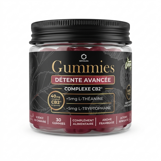 Pot de gummies Novaloa Détente Avancée CB2, arôme framboise, étiquette noire