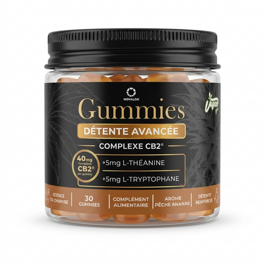 Bocal Novaloa Gummies Détente Avancée Complexe CB2, 30 gummies, étiquette dorée