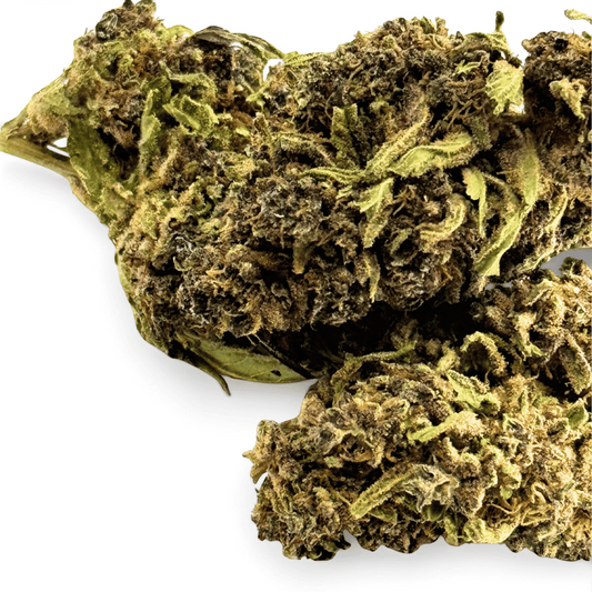 Fleurs de CBD séchées en gros plan, vert olive et brun foncé, trichomes visibles.