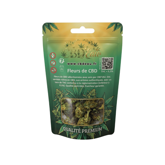 Sachet préemballé de fleurs de CBD avec QR code et texte produit.