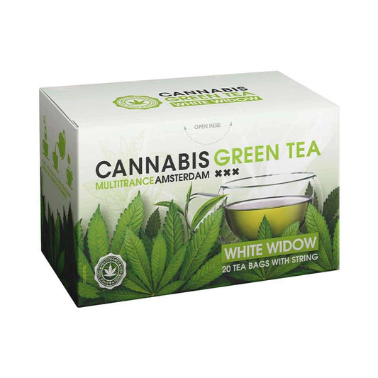 Boîte de thé vert White Widow MULTITRANCE, 20 sachets, visuel tasse et feuilles de chanvre.