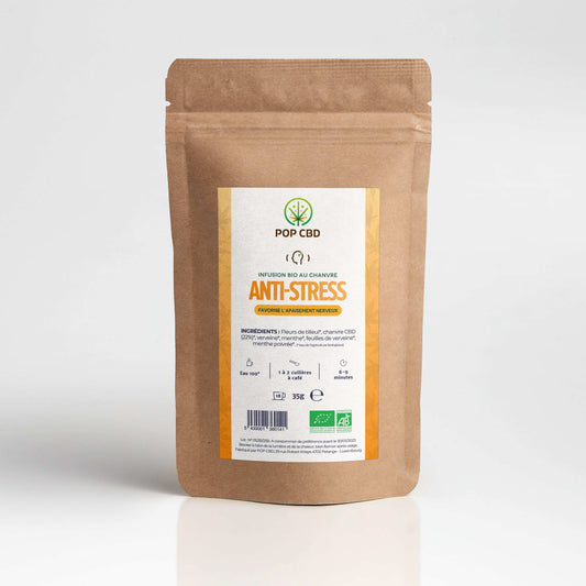 Sachet kraft brun de tisane CBD anti-stress vrac, vue frontale, étiquette POP CBD.
