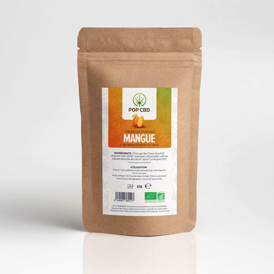 Pochon kraft de thé CBD bio mangue POP CBD, vue avant, étiquette et sachet 35 g