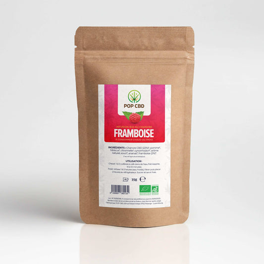 Sachet brun de tisane CBD bio POP CBD Framboise, étiquette avant, 35 g