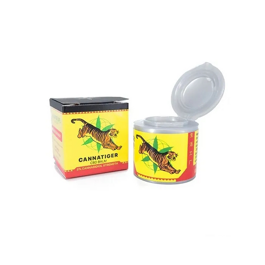 Baume CBD 3% CANNATIGER en pot ouvert et boîte, couvercle transparent.