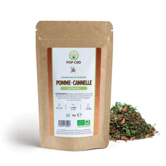 Pochette kraft POP CBD rooibos pomme-cannelle avec étiquette, et feuilles en vrac