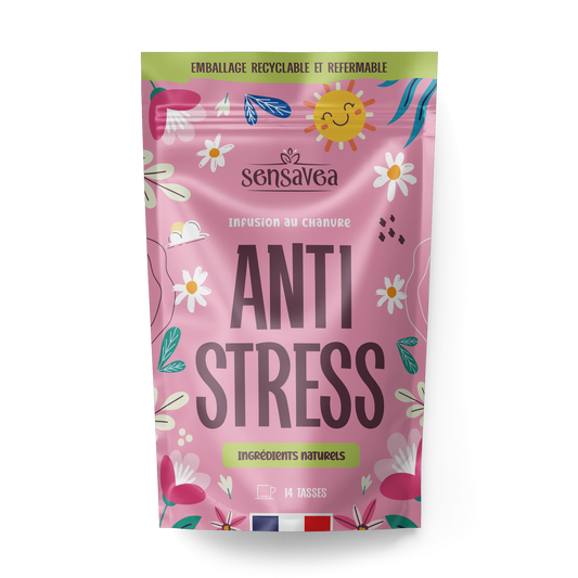Infusion anti-stress au chanvre en sachet rose, branding SENSAVEA