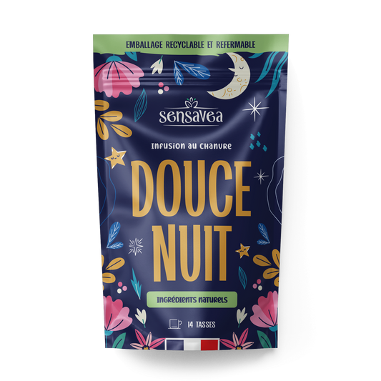 Tisane CBD douce nuit SENSAVEA, sachet 25 g, face avant avec motifs floraux et lune