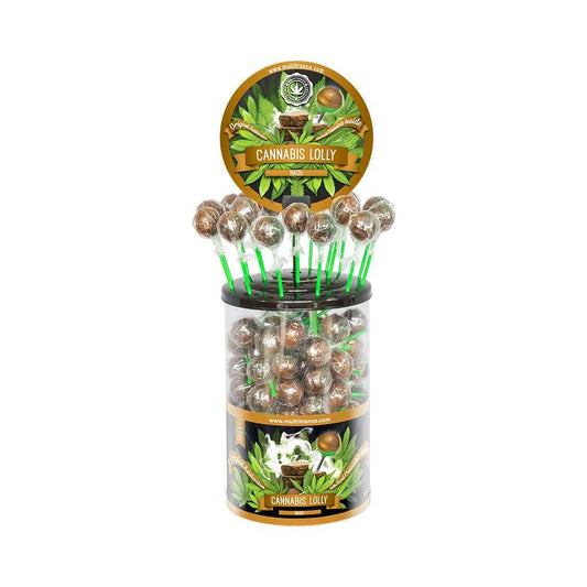 Boîte de sucettes au cannabis hash MULTITRANCE, emballage rond, lollipops transparents