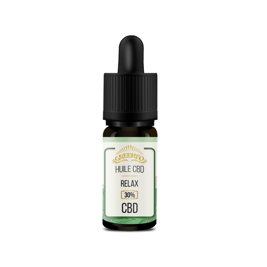 Bouteille d’huile CBD 30% Relax GREENEO, pipette noire, étiquette verte et blanche