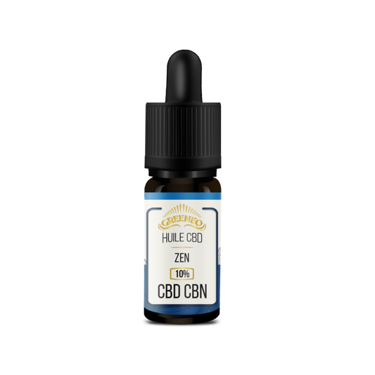 Flacon d’huile CBD CBN zen 10% avec pipette compte-gouttes, étiquette GREENEO.