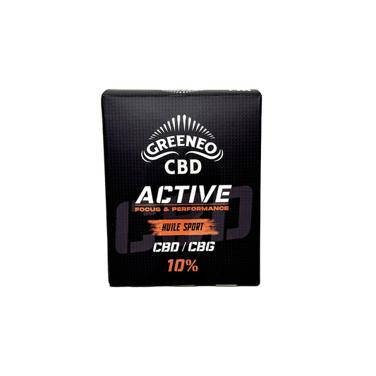 Boîte d’huile sport CBD/CBG 10% GREENEO Active, emballage noir.